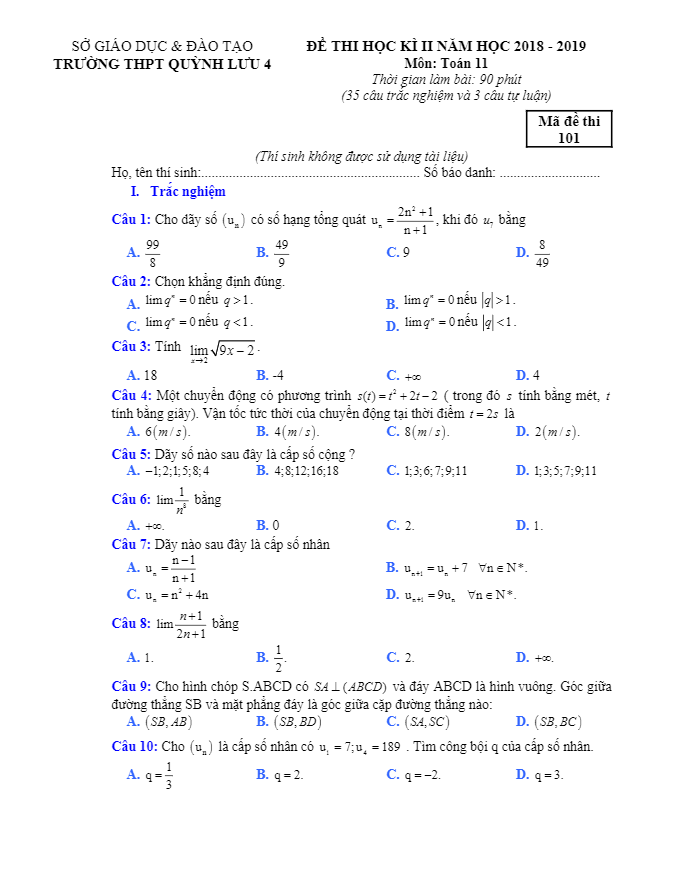 Đề thi học kì 2 (HK2) lớp 11 môn Toán năm 2018 2019 trường THPT Quỳnh Lưu 4 Nghệ An 1 de thi hoc ki 2 hk2 lop 11 mon toan nam 2018 2019 truong thpt quynh luu 4 nghe an d