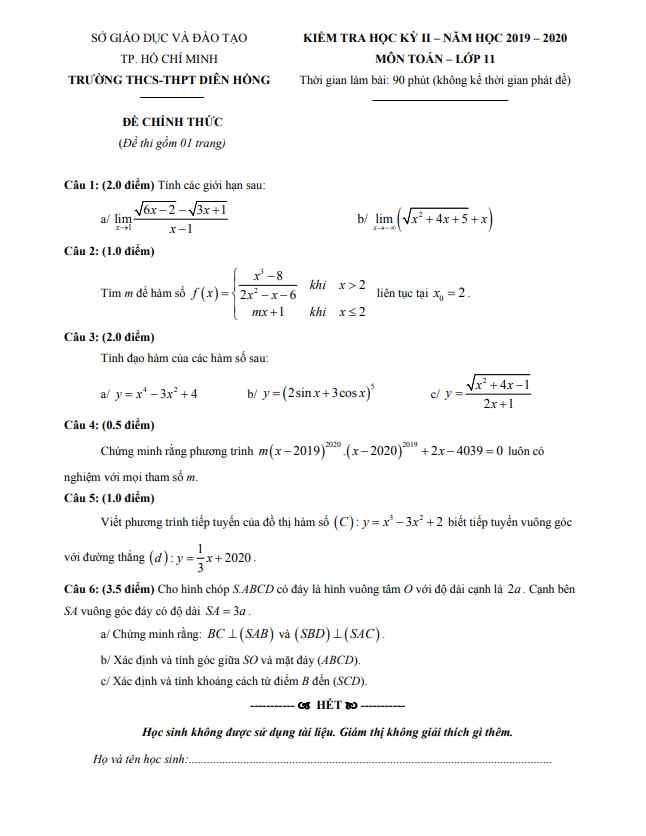 de thi hoc ki 2 hk2 lop 11 mon toan nam 2019 2020 truong dien hong tp hcm d