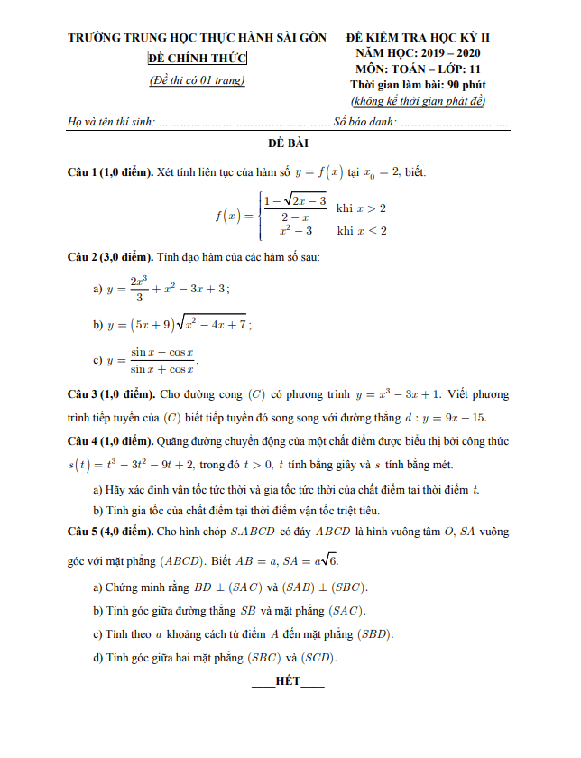 Đề thi học kì 2 (HK2) lớp 11 môn Toán năm 2019 2020 trường TH Thực hành Sài Gòn TP HCM 3 de thi hoc ki 2 hk2 lop 11 mon toan nam 2019 2020 truong th thuc hanh sai gon tp hcm d