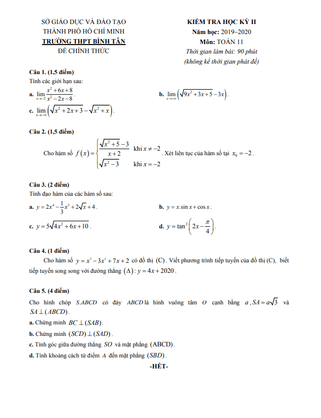 de thi hoc ki 2 hk2 lop 11 mon toan nam 2019 2020 truong thpt binh tan tp hcm d