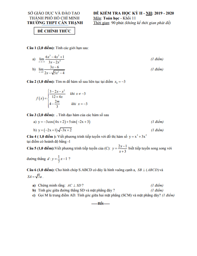 de thi hoc ki 2 hk2 lop 11 mon toan nam 2019 2020 truong thpt can thanh tp hcm d