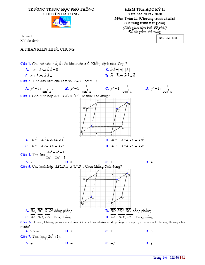 de thi hoc ki 2 hk2 lop 11 mon toan nam 2019 2020 truong thpt chuyen ha long quang ninh d