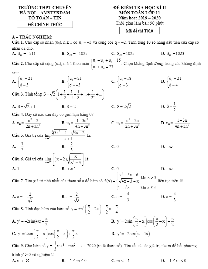 de thi hoc ki 2 hk2 lop 11 mon toan nam 2019 2020 truong thpt chuyen ha noi amsterdam d