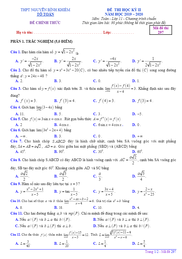 Đề thi học kì 2 (HK2) lớp 11 môn Toán năm 2019 2020 trường THPT Nguyễn Bỉnh Khiêm Gia Lai 3 de thi hoc ki 2 hk2 lop 11 mon toan nam 2019 2020 truong thpt nguyen binh khiem gia lai d