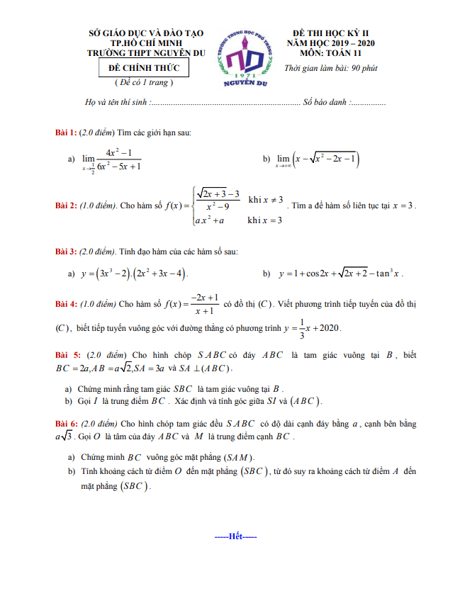 Đề thi học kì 2 (HK2) lớp 11 môn Toán năm 2019 2020 trường THPT Nguyễn Du TP HCM 4 de thi hoc ki 2 hk2 lop 11 mon toan nam 2019 2020 truong thpt nguyen du tp hcm d