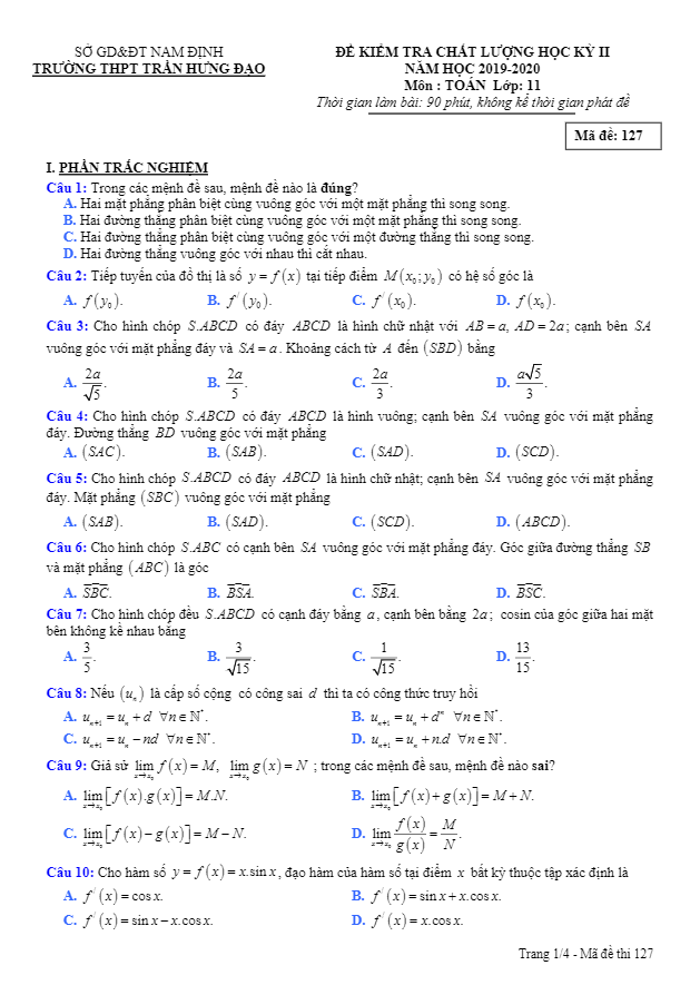 de thi hoc ki 2 hk2 lop 11 mon toan nam 2019 2020 truong thpt tran hung dao nam dinh d