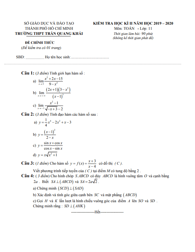 de thi hoc ki 2 hk2 lop 11 mon toan nam 2019 2020 truong thpt tran quang khai tp hcm d