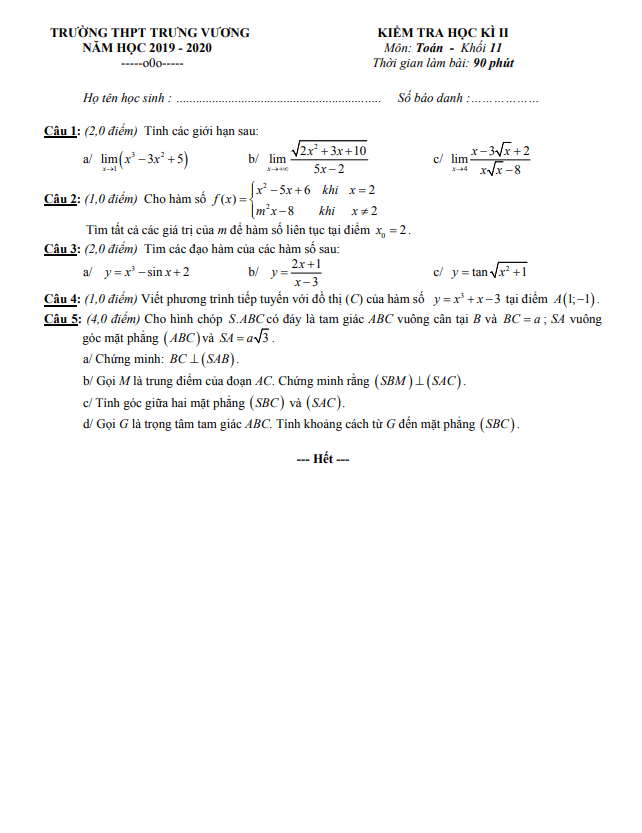 Đề thi học kì 2 (HK2) lớp 11 môn Toán năm 2019 2020 trường THPT Trưng Vương TP HCM 5 de thi hoc ki 2 hk2 lop 11 mon toan nam 2019 2020 truong thpt trung vuong tp hcm d