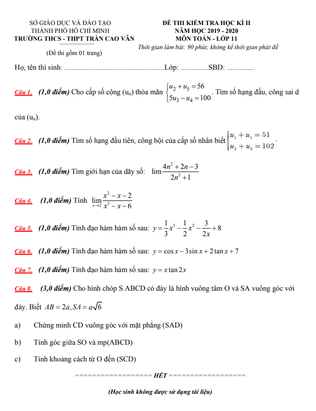 de thi hoc ki 2 hk2 lop 11 mon toan nam 2019 2020 truong tran cao van tp hcm d