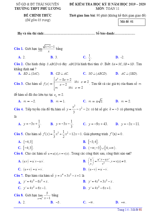 Đề thi học kì 2 (HK2) lớp 11 môn Toán năm 2019 – 2020 trường THPT Phú Lương – Thái Nguyên 4 de thi hoc ki 2 hk2 lop 11 mon toan nam 2019 e28093 2020 truong thpt phu luong e28093 thai nguyen d