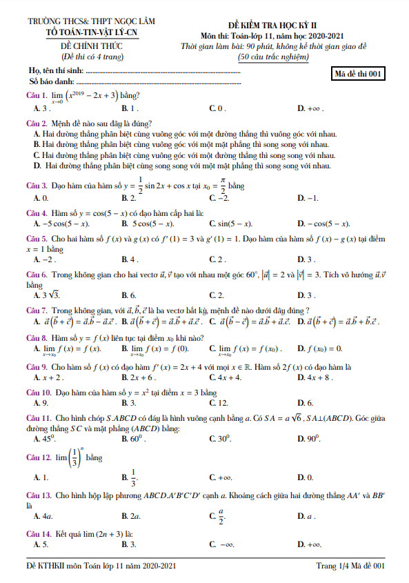 de thi hoc ki 2 hk2 lop 11 mon toan nam 2020 2021 truong ngoc lam dong nai d