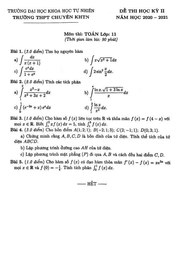 de thi hoc ki 2 hk2 lop 11 mon toan nam 2020 2021 truong thpt chuyen khtn ha noi d