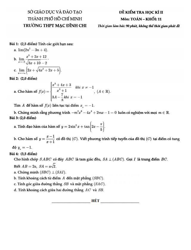 de thi hoc ki 2 hk2 lop 11 mon toan nam 2020 2021 truong thpt mac dinh chi tp hcm d