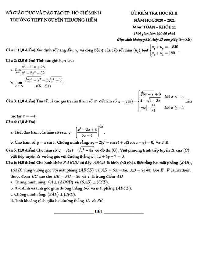 de thi hoc ki 2 hk2 lop 11 mon toan nam 2020 2021 truong thpt nguyen thuong hien tp hcm d