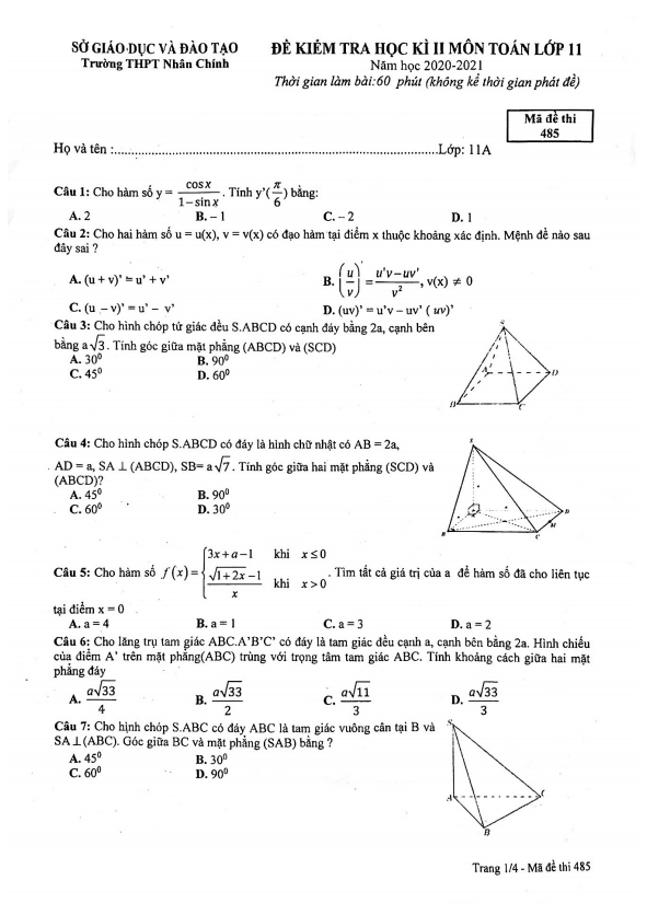 de thi hoc ki 2 hk2 lop 11 mon toan nam 2020 2021 truong thpt nhan chinh ha noi d