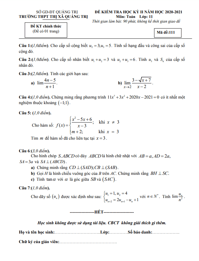 de thi hoc ki 2 hk2 lop 11 mon toan nam 2020 2021 truong thpt thi xa quang tri d