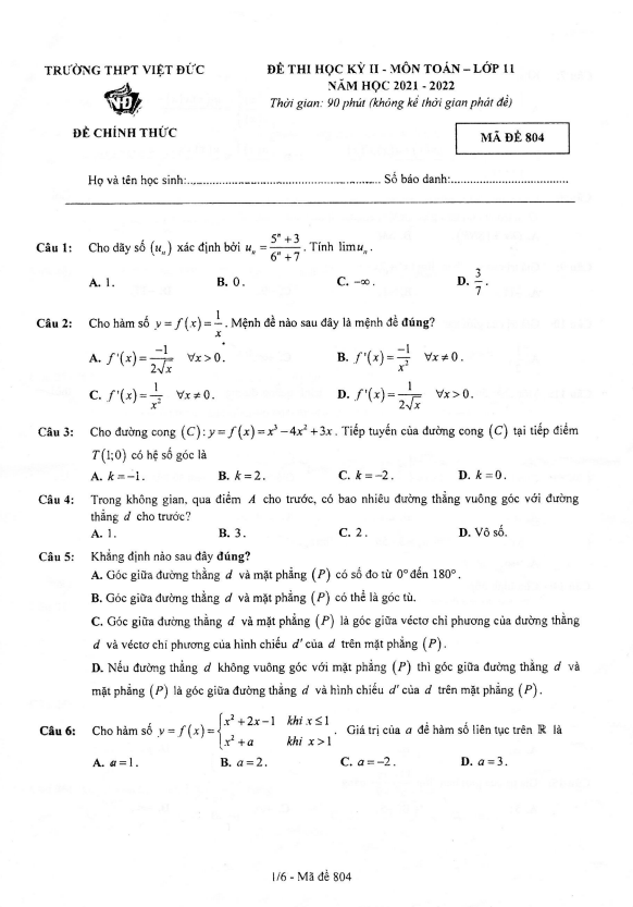 de thi hoc ki 2 hk2 lop 11 mon toan nam 2021 2022 truong thpt viet duc ha noi d