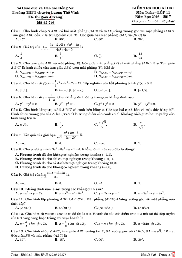 de thi hoc ki 2 hk2 lop 11 mon toan nam hoc 2016 2017 truong thpt chuyen luong the vinh dong nai d