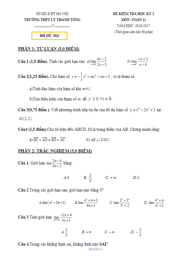 de thi hoc ki 2 hk2 lop 11 mon toan nam hoc 2016 2017 truong thpt ly thanh tong ha noi d