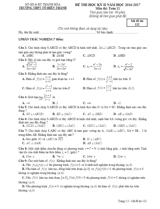 de thi hoc ki 2 hk2 lop 11 mon toan nam hoc 2016 2017 truong thpt to hien thanh thanh hoa d
