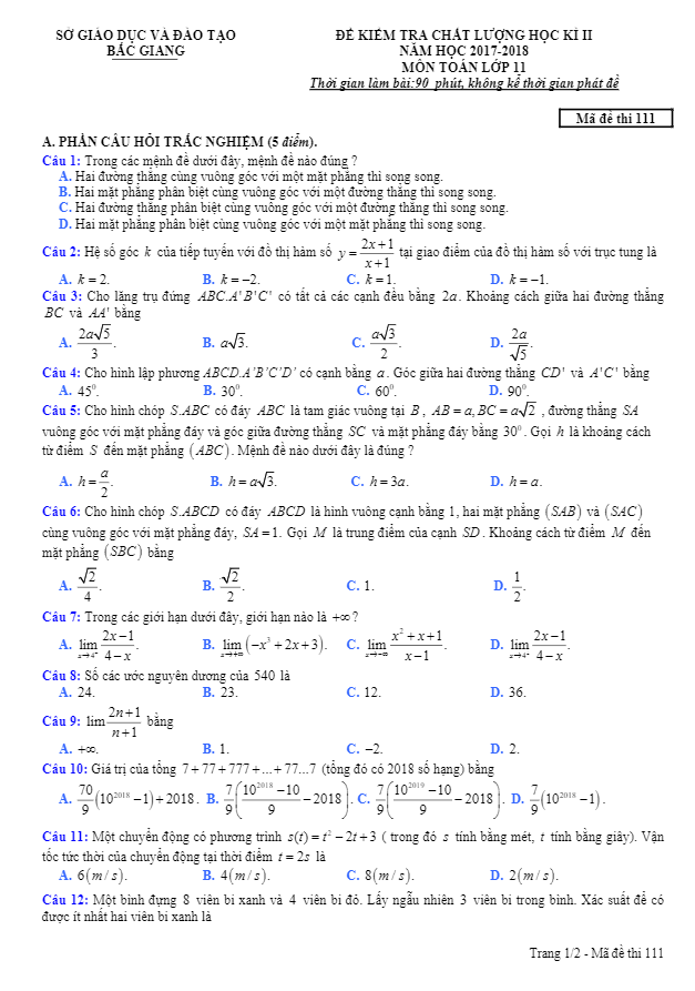 de thi hoc ki 2 hk2 lop 11 mon toan nam hoc 2017 2018 so gd va dt bac giang d