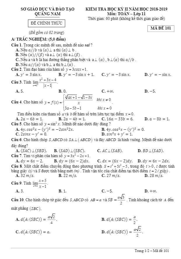 de thi hoc ki 2 hk2 lop 11 mon toan nam hoc 2018 e28093 2019 so gd va dt quang nam d