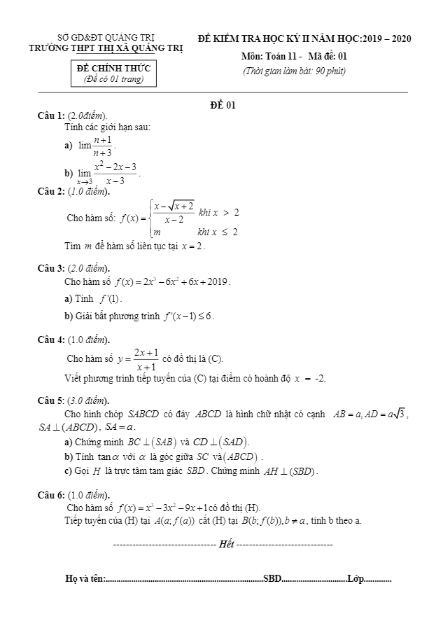 Đề thi học kì 2 (HK2) lớp 11 môn Toán năm học 2019 2020 trường THPT thị xã Quảng Trị 6 de thi hoc ki 2 hk2 lop 11 mon toan nam hoc 2019 2020 truong thpt thi xa quang tri d