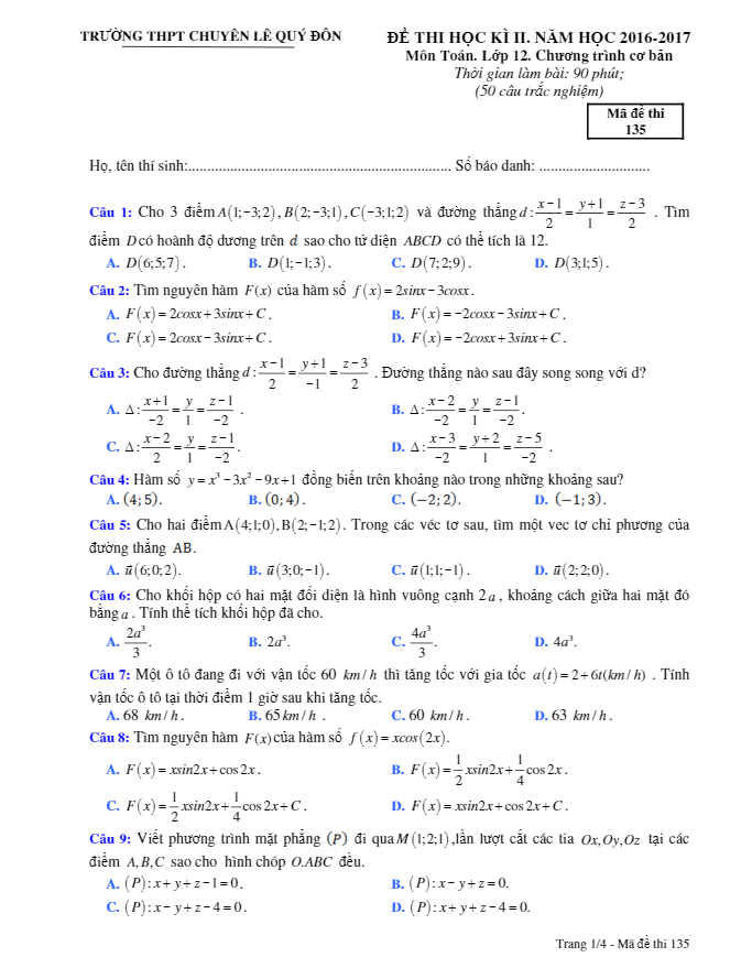 de thi hoc ki 2 hk2 lop 12 mon toan co ban nam hoc 2016 2017 truong thpt chuyen le quy don quang tri d