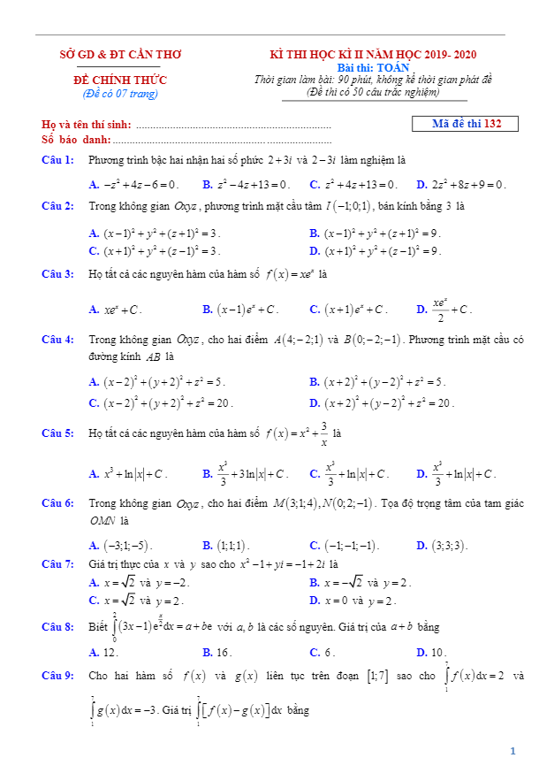 de thi hoc ki 2 hk2 lop 12 mon toan gdthpt nam hoc 2019 2020 so gd dt can tho d