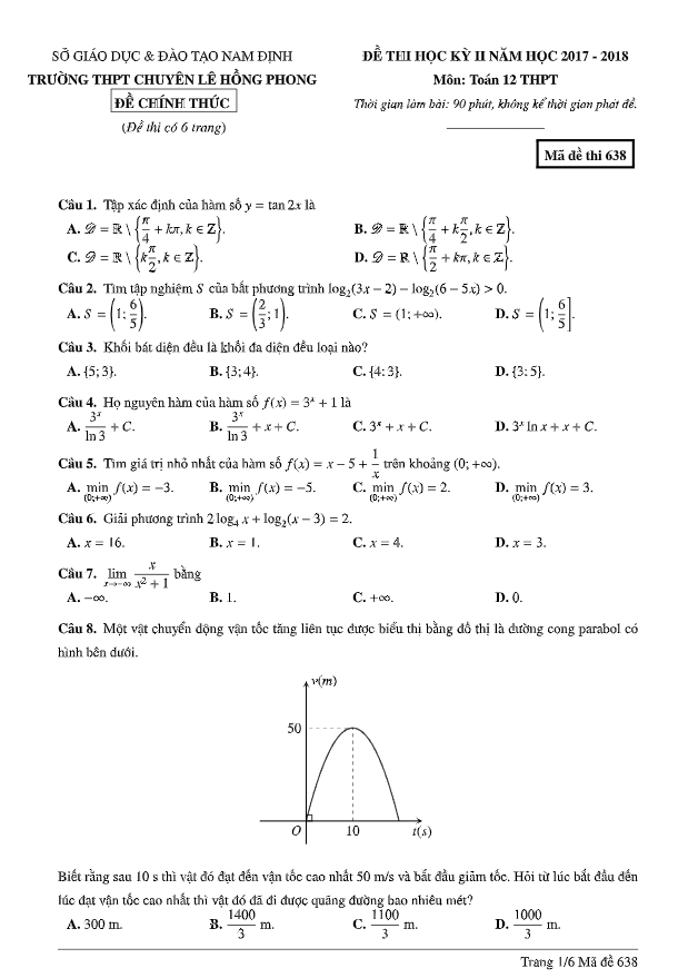 de thi hoc ki 2 hk2 lop 12 mon toan nam 2017 2018 truong chuyen le hong phong nam dinh d