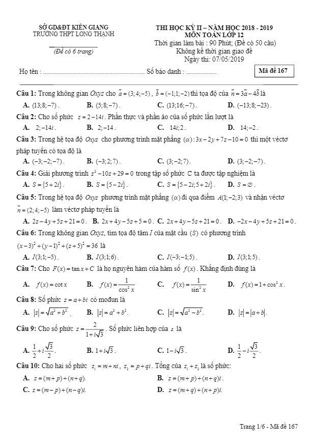 Đề thi học kì 2 (HK2) lớp 12 môn Toán năm 2018 2019 trường Long Thạnh Kiên Giang 2 de thi hoc ki 2 hk2 lop 12 mon toan nam 2018 2019 truong long thanh kien giang d