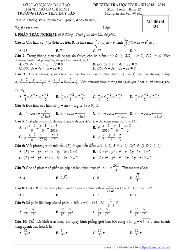 de thi hoc ki 2 hk2 lop 12 mon toan nam 2018 2019 truong thcs thpt duy tan tp hcm d