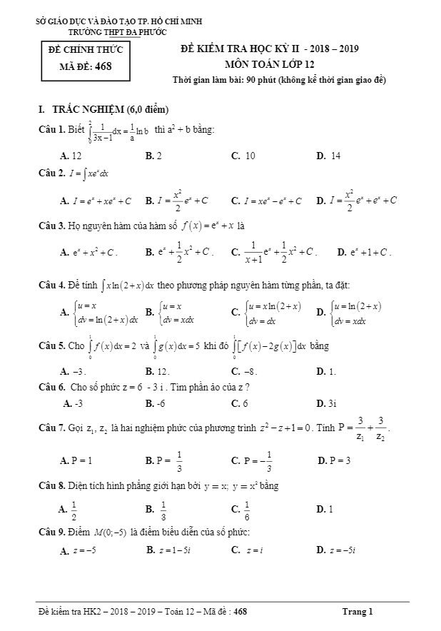 de thi hoc ki 2 hk2 lop 12 mon toan nam 2018 2019 truong thpt da phuoc tp hcm d