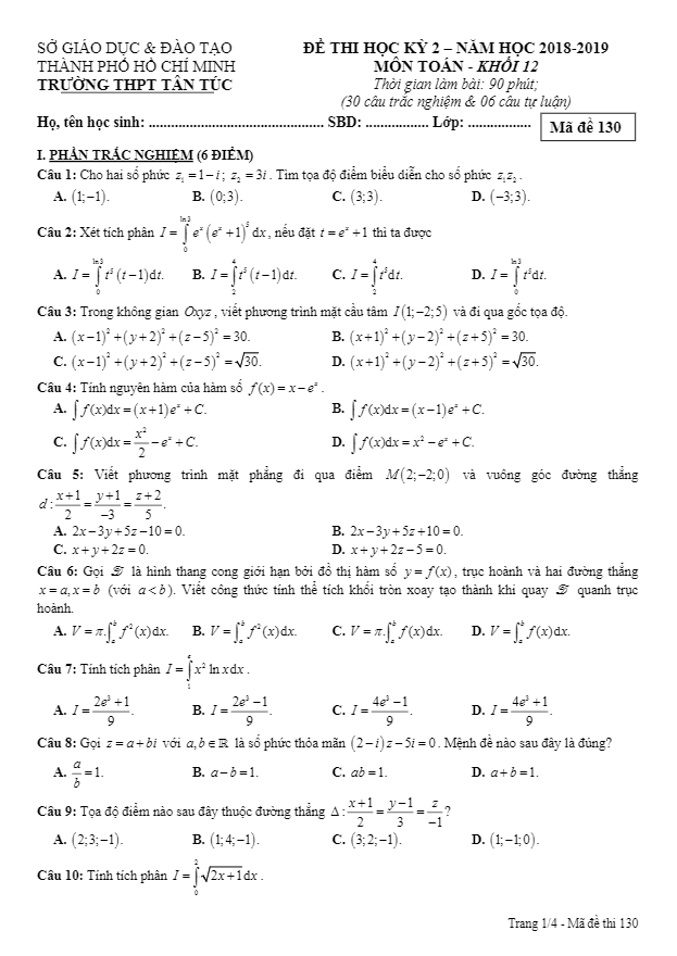 de thi hoc ki 2 hk2 lop 12 mon toan nam 2018 2019 truong thpt tan tuc tp hcm d