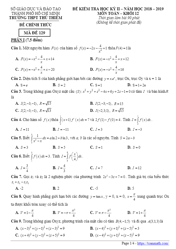 de thi hoc ki 2 hk2 lop 12 mon toan nam 2018 2019 truong thpt thu thiem tp hcm d