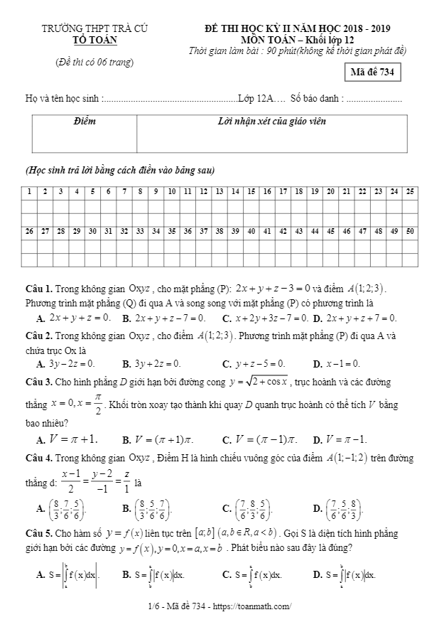 de thi hoc ki 2 hk2 lop 12 mon toan nam 2018 2019 truong thpt tra cu tra vinh d