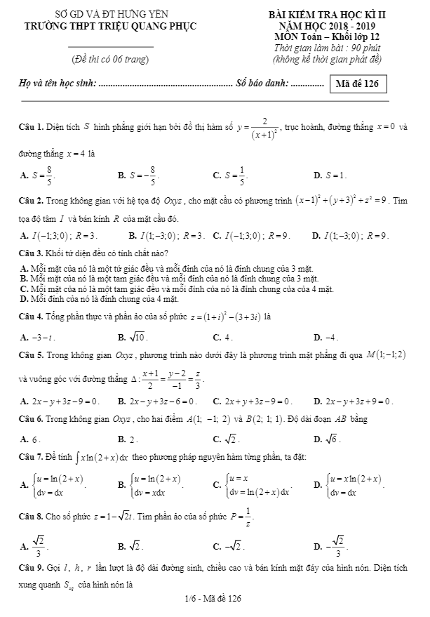 Đề thi học kì 2 (HK2) lớp 12 môn Toán năm 2018 2019 trường Triệu Quang Phục Hưng Yên 2 de thi hoc ki 2 hk2 lop 12 mon toan nam 2018 2019 truong trieu quang phuc hung yen d