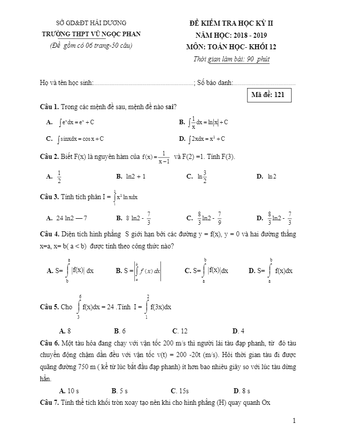de thi hoc ki 2 hk2 lop 12 mon toan nam 2018 2019 truong vu ngoc phan hai duong d
