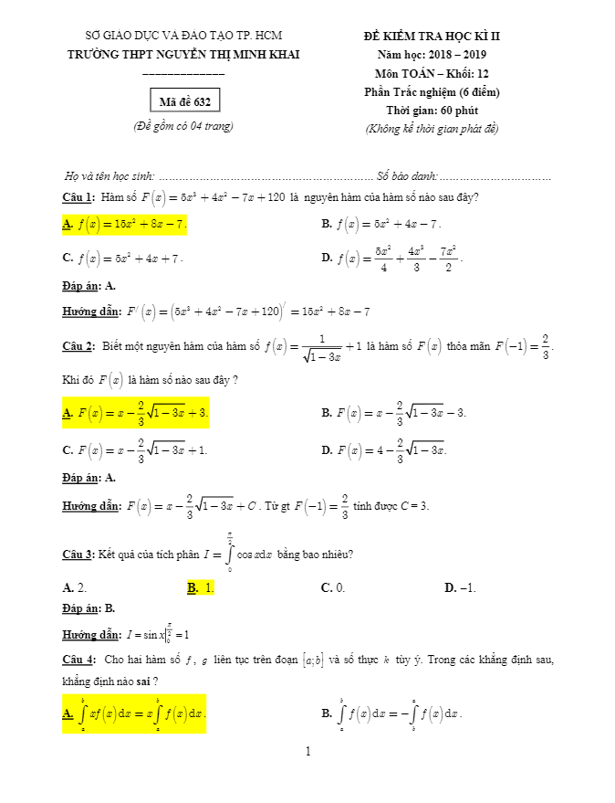 de thi hoc ki 2 hk2 lop 12 mon toan nam 2018 e28093 2019 truong nguyen thi minh khai e28093 tp hcm d