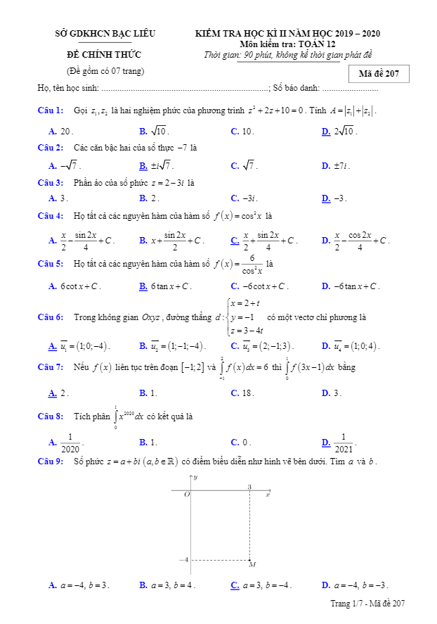 de thi hoc ki 2 hk2 lop 12 mon toan nam 2019 2020 so gdkhcn bac lieu d