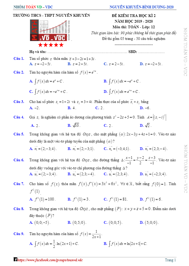 de thi hoc ki 2 hk2 lop 12 mon toan nam 2019 2020 truong nguyen khuyen binh duong d