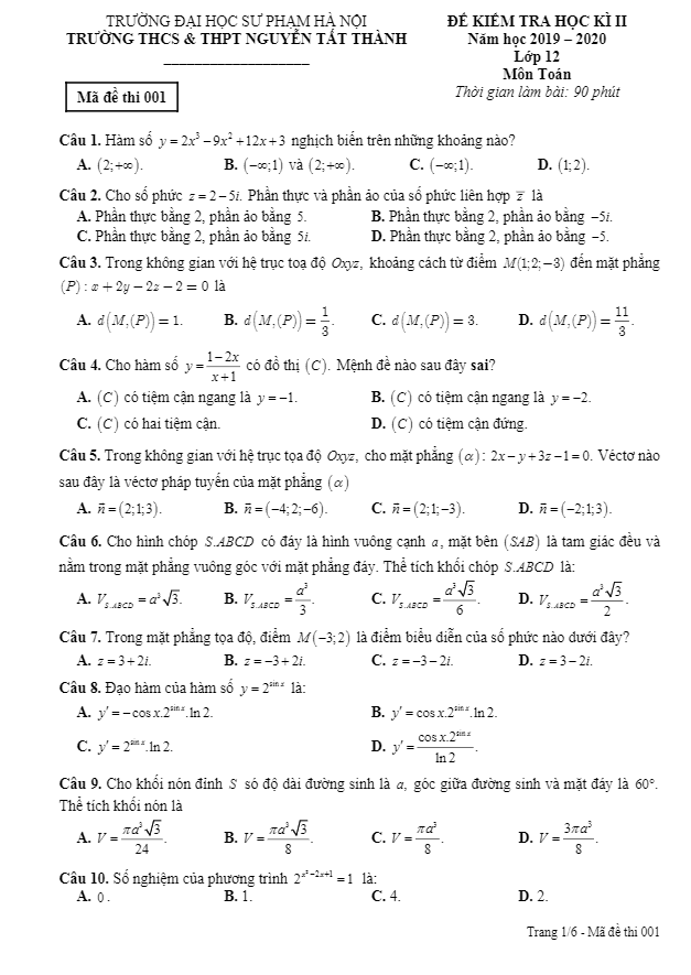 de thi hoc ki 2 hk2 lop 12 mon toan nam 2019 2020 truong nguyen tat thanh ha noi d