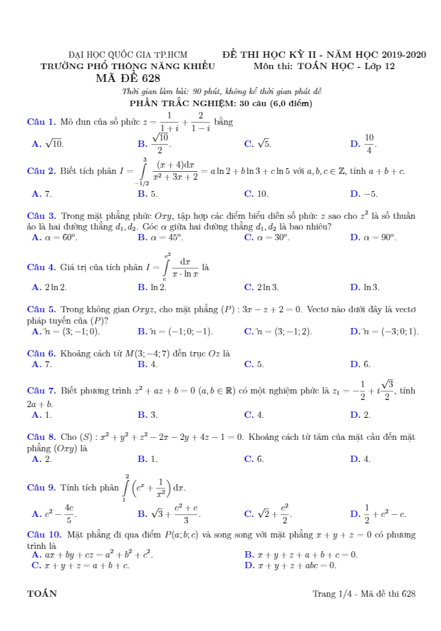 de thi hoc ki 2 hk2 lop 12 mon toan nam 2019 2020 truong pho thong nang khieu tp hcm d