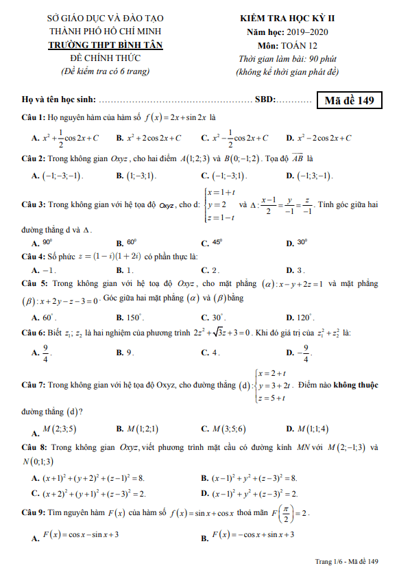 de thi hoc ki 2 hk2 lop 12 mon toan nam 2019 2020 truong thpt binh tan tp hcm d