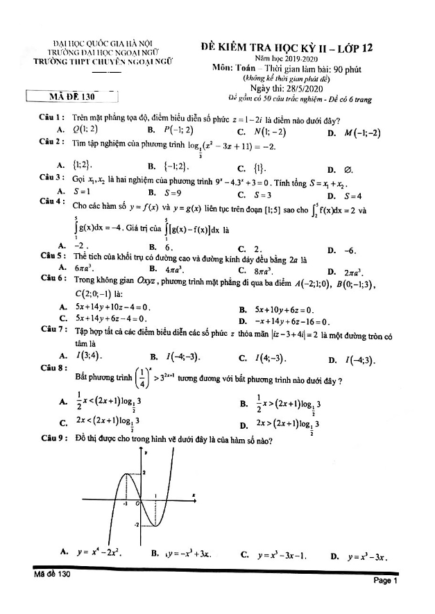 de thi hoc ki 2 hk2 lop 12 mon toan nam 2019 2020 truong thpt chuyen ngoai ngu ha noi d