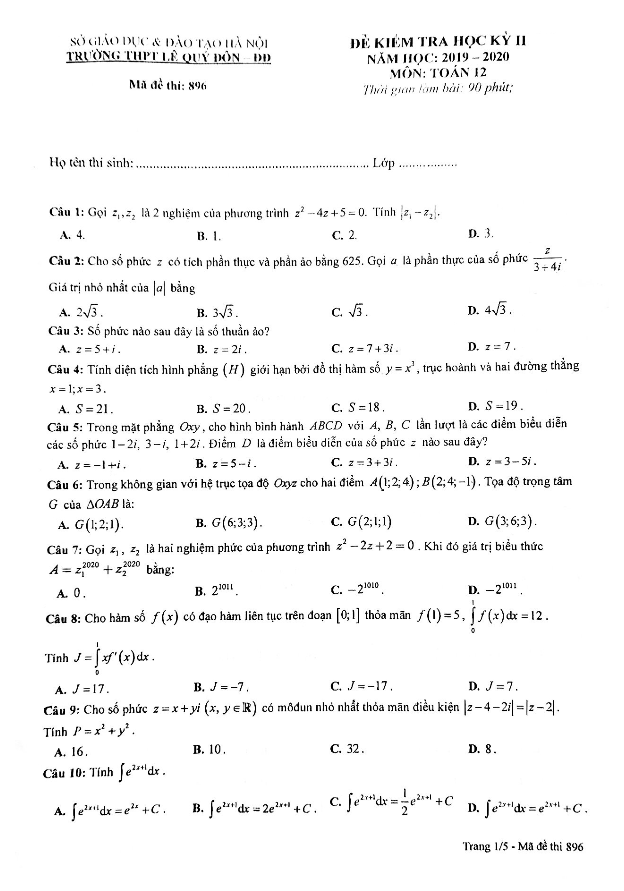 Đề thi học kì 2 (HK2) lớp 12 môn Toán năm 2019 2020 trường THPT Lê Quý Đôn Hà Nội 6 de thi hoc ki 2 hk2 lop 12 mon toan nam 2019 2020 truong thpt le quy don ha noi d
