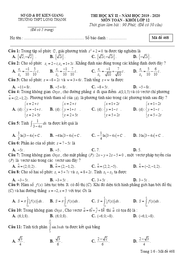 Đề thi học kì 2 (HK2) lớp 12 môn Toán năm 2019 2020 trường THPT Long Thạnh Kiên Giang 6 de thi hoc ki 2 hk2 lop 12 mon toan nam 2019 2020 truong thpt long thanh kien giang d