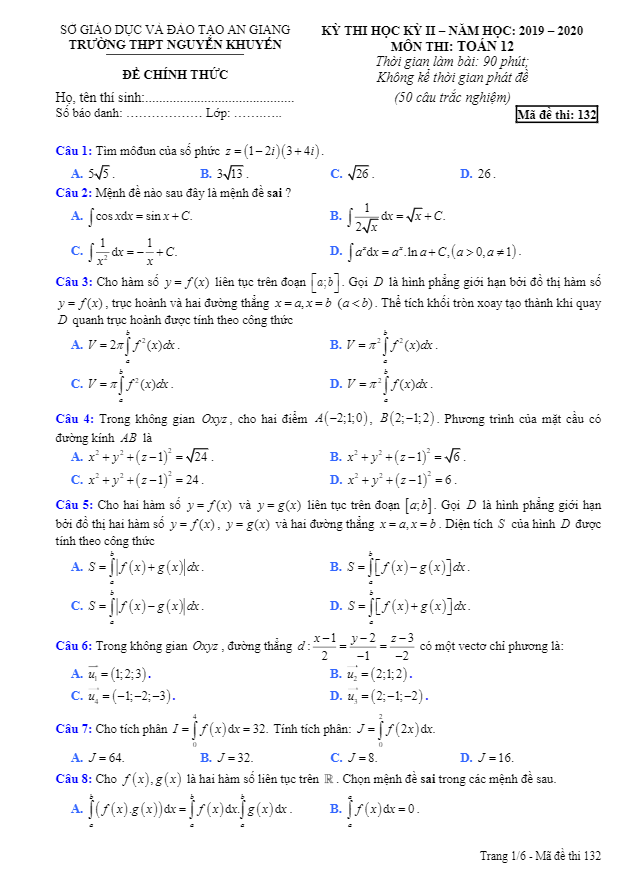 Đề thi học kì 2 (HK2) lớp 12 môn Toán năm 2019 2020 trường THPT Nguyễn Khuyến An Giang 3 de thi hoc ki 2 hk2 lop 12 mon toan nam 2019 2020 truong thpt nguyen khuyen an giang d