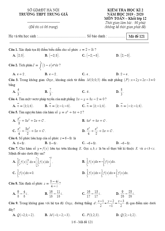 de thi hoc ki 2 hk2 lop 12 mon toan nam 2019 2020 truong thpt trung gia ha noi d