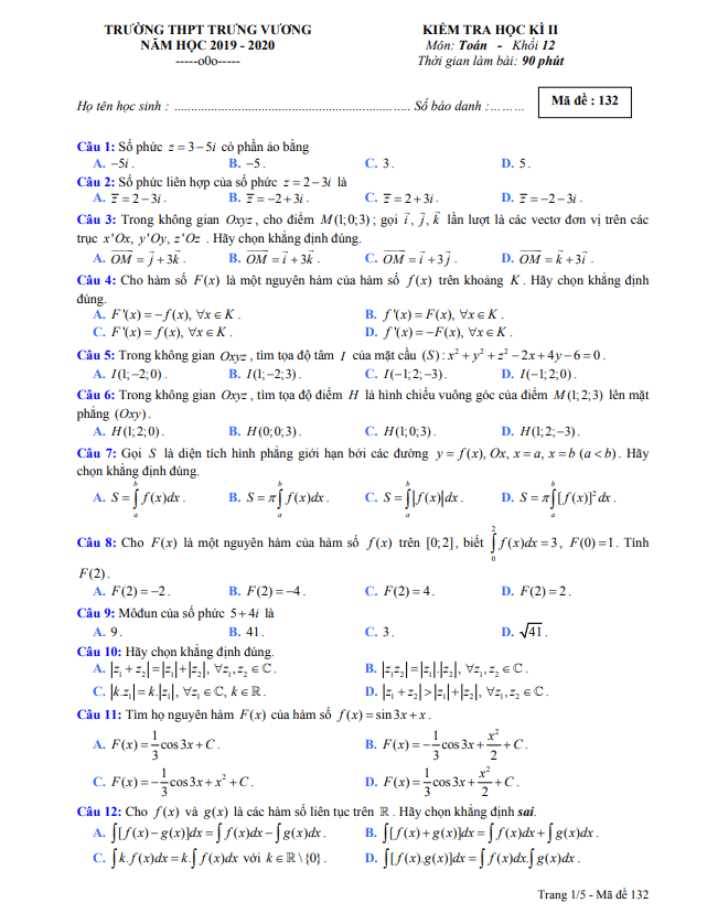 Đề thi học kì 2 (HK2) lớp 12 môn Toán năm 2019 2020 trường THPT Trưng Vương TP HCM 1 de thi hoc ki 2 hk2 lop 12 mon toan nam 2019 2020 truong thpt trung vuong tp hcm d